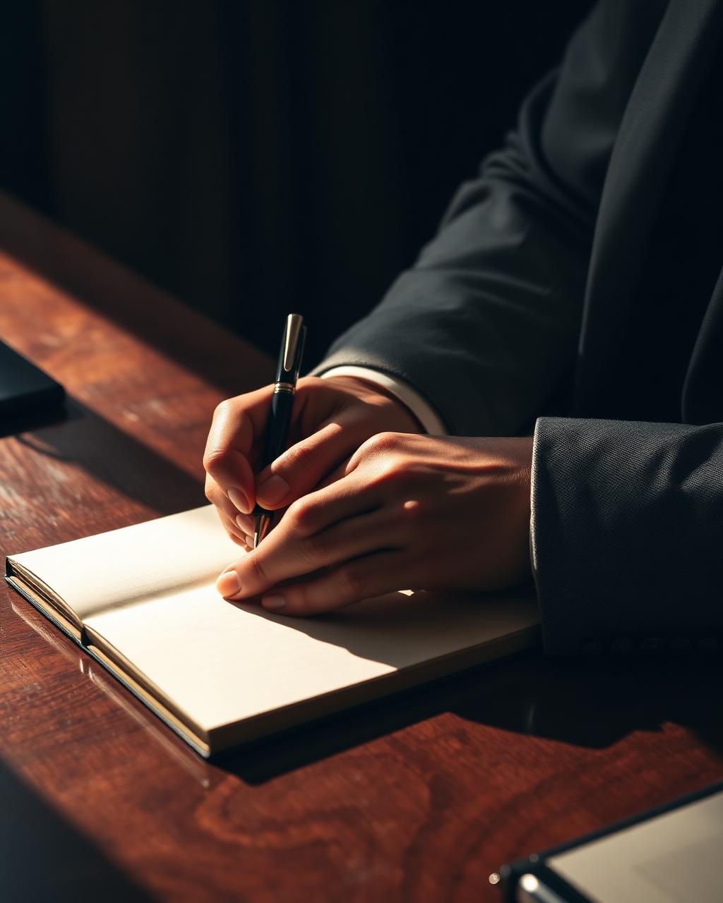 Manos escribiendo a mano sobre un cuaderno clásico